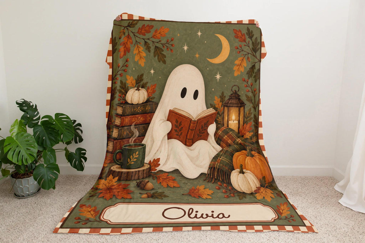 Personalized Halloween Blanket with Reading Ghost, Sage Green and Terracotta Border / Minky or Sherpa