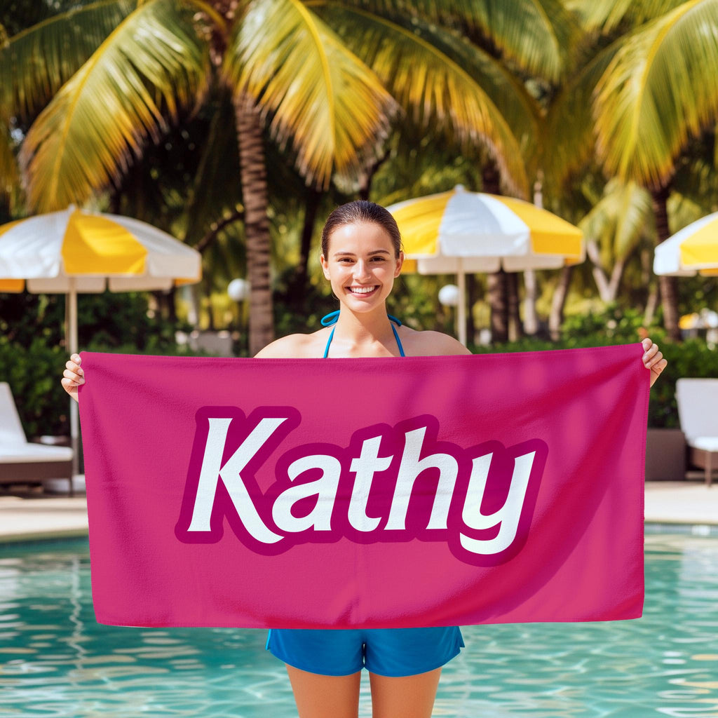 Personalized Pink Beach Towel: Retro Script Font, Custom Name