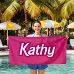 Personalized Pink Beach Towel: Retro Script Font, Custom Name