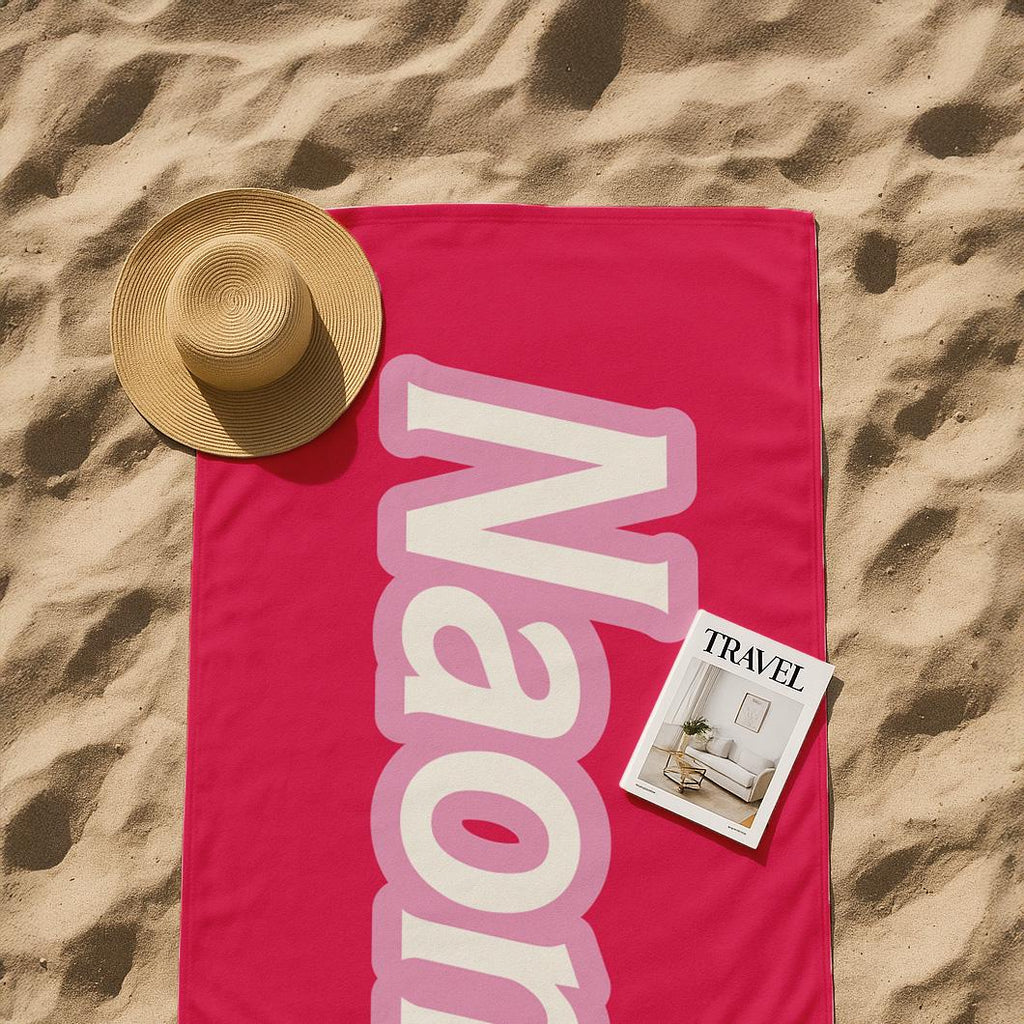 Personalized Pink Beach Towel: Retro Script Font, Custom Name