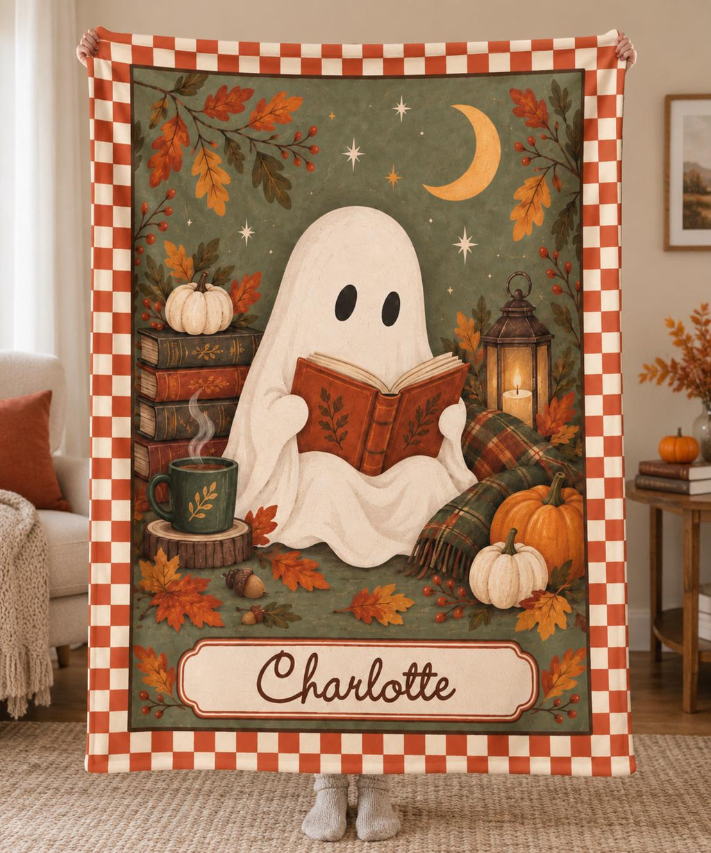 Personalized Halloween Blanket with Reading Ghost, Sage Green and Terracotta Border / Minky or Sherpa