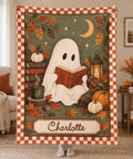 Personalized Halloween Blanket with Reading Ghost, Sage Green and Terracotta Border / Minky or Sherpa
