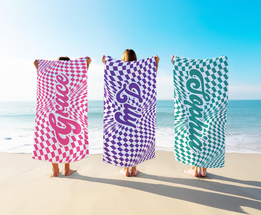 Personalized Retro Checkerboard Beach Towel: Custom Summer Gift