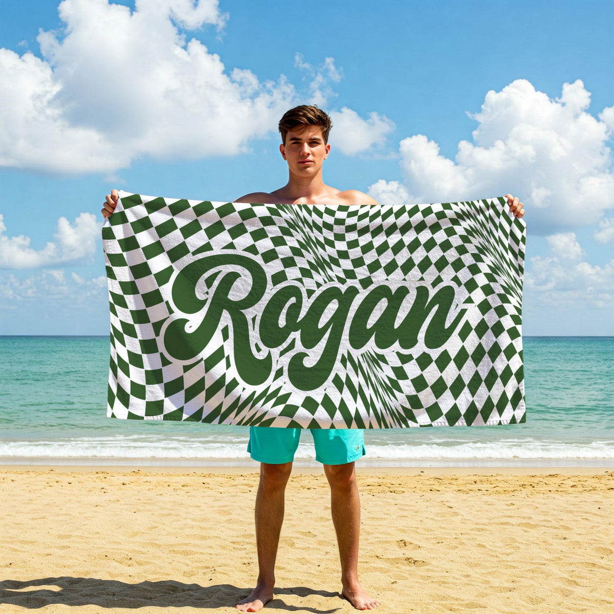 Personalized Retro Checkerboard Beach Towel: Custom Summer Gift
