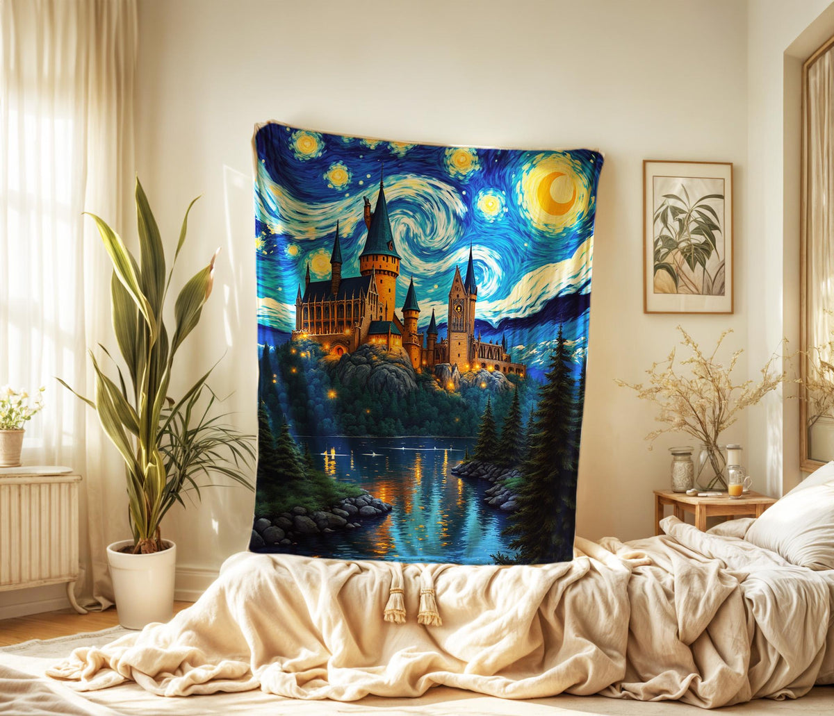 Starry Night Wizard Castle Blanket: Van Gogh Inspired Fantasy Throw