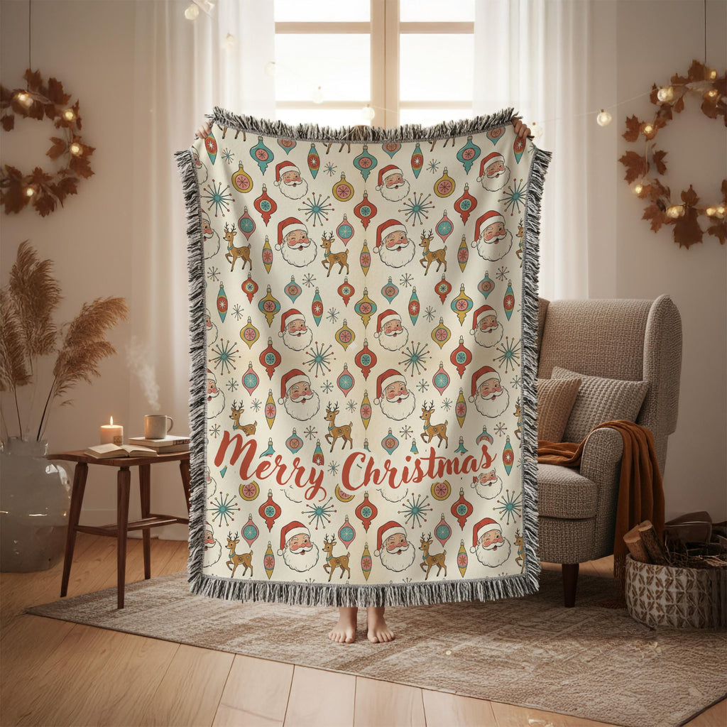 Personalized Christmas Blanket, Vintage Santa Reindeer Print, Minky or Sherpa