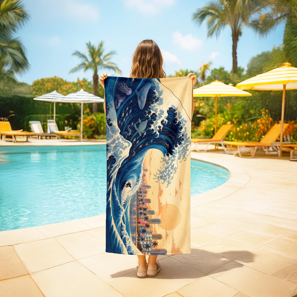 Miami Wave Beach Towel, Tropical Skyline Coastal Summer Towel