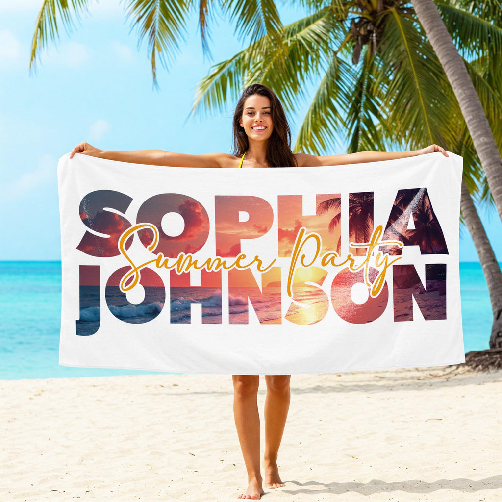 Custom Name Beach Towel: Tropical Vacation, Bachelorette Party Gift