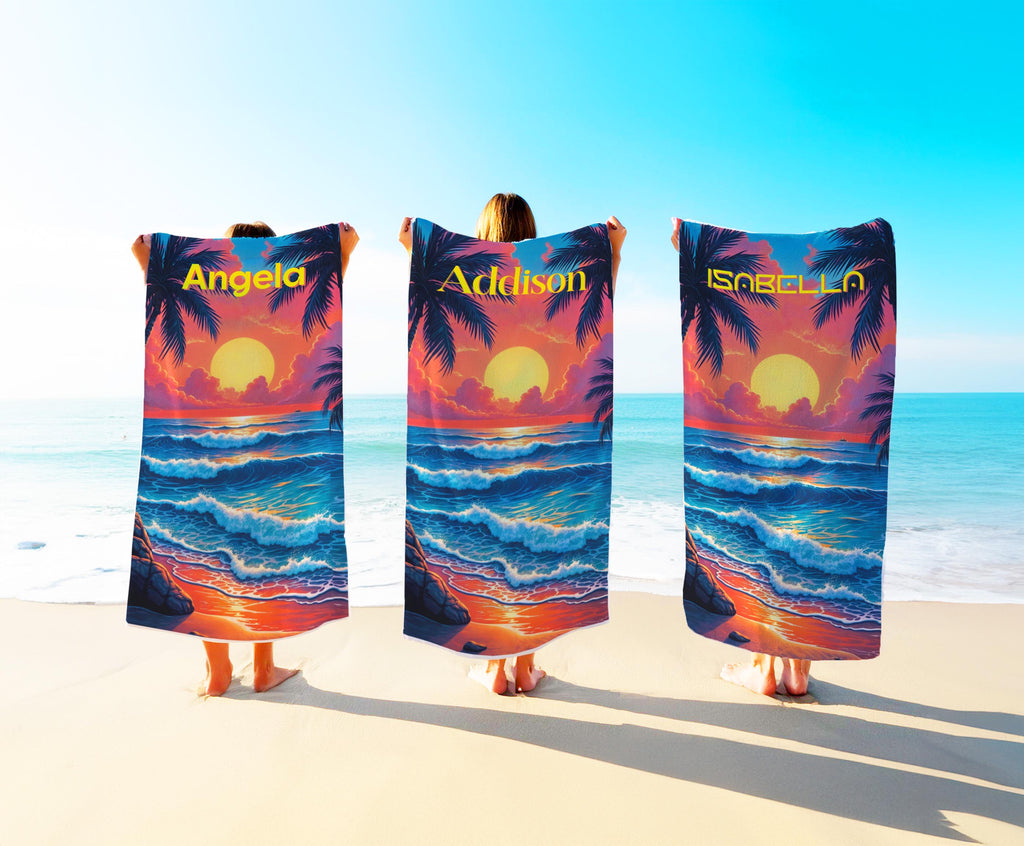 Personalized Beach Towel: Sunset Ocean Waves, Tropical Vacation Gift