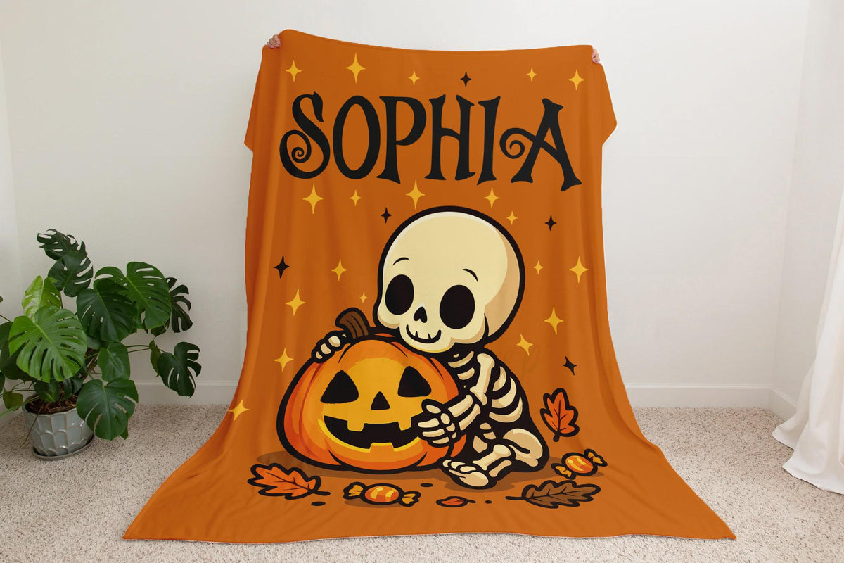 Personalized Halloween Blanket: Baby Skeleton & Pumpkin, Custom Name Kids Throw