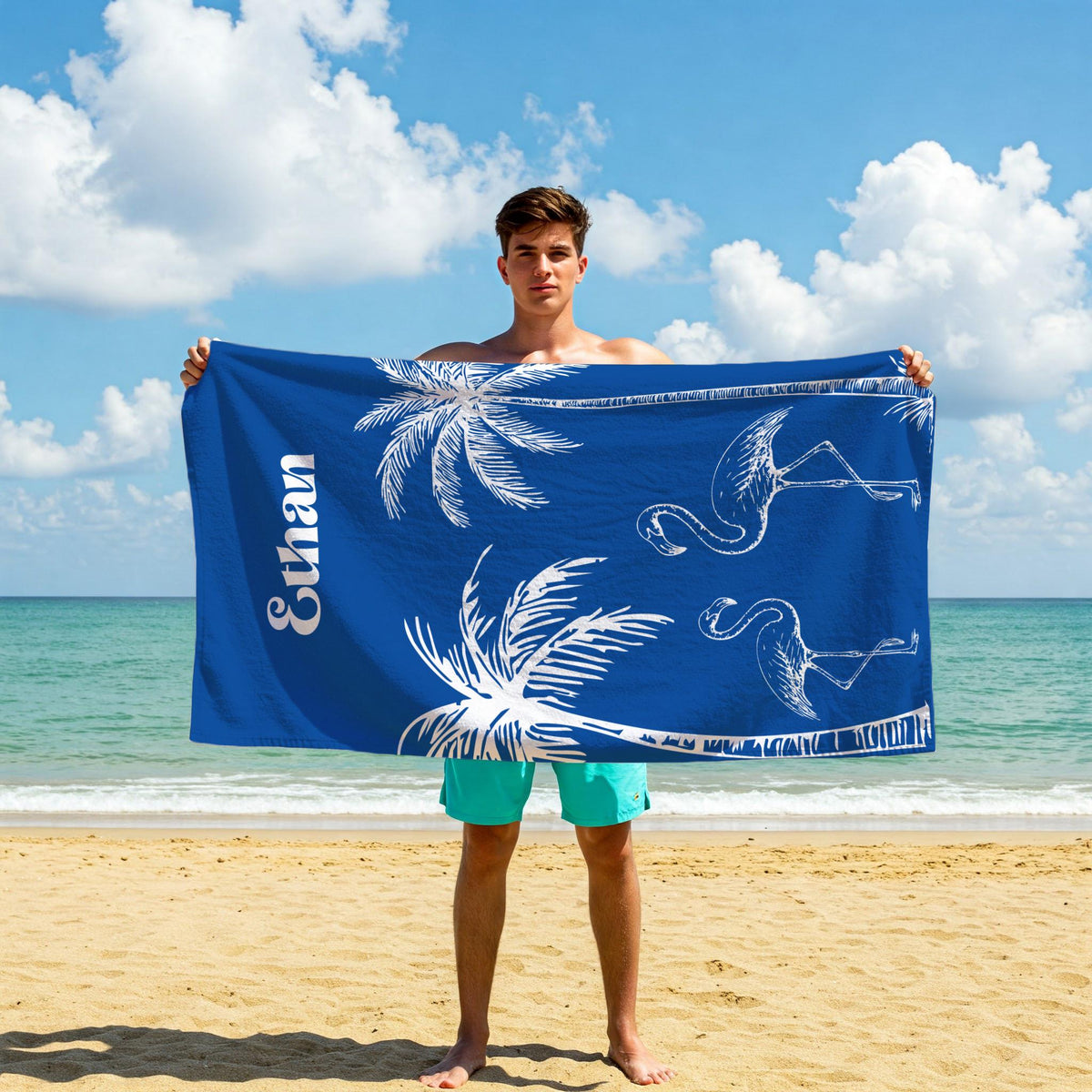 Personalized Flamingo Beach Towel: Custom Name Tropical Palm Design
