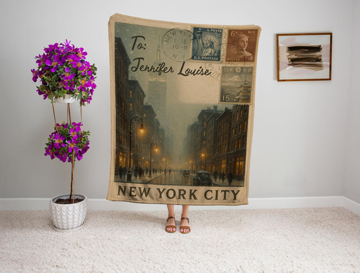 Personalized New York City Blanket – Vintage Postcard Travel Throw