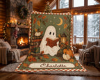 Personalized Halloween Blanket with Reading Ghost, Sage Green and Terracotta Border / Minky or Sherpa