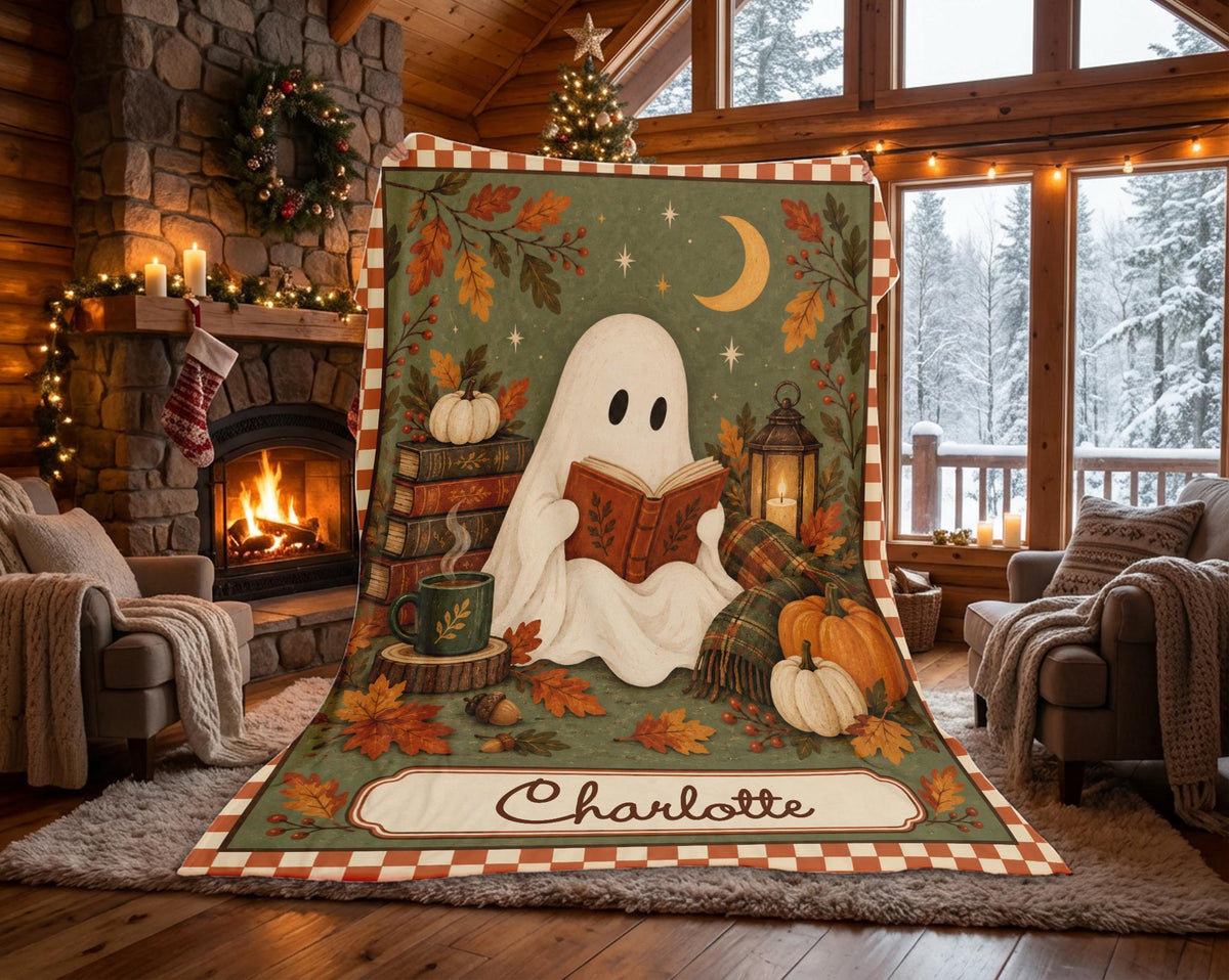 Personalized Halloween Blanket with Reading Ghost, Sage Green and Terracotta Border / Minky or Sherpa