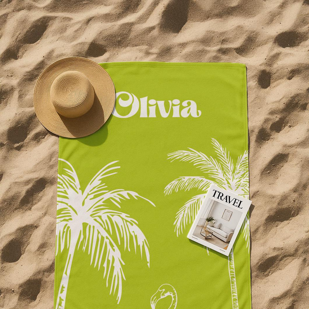 Personalized Flamingo Beach Towel: Custom Name, Tropical Palm Design