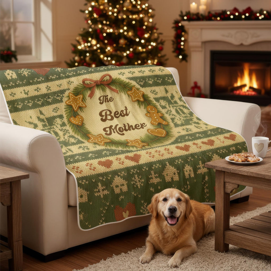 Personalized Christmas Blanket, Gingerbread Wreath Knitted Print, Minky Sherpa