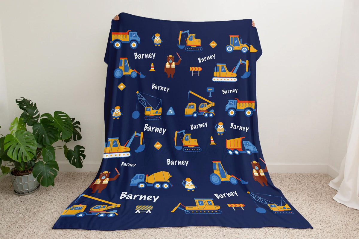 Personalized Construction Blanket Custom Name Trucks Diggers Cranes