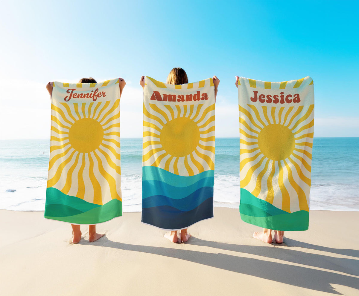 Personalized Beach Towel: Retro Sun & Waves, Custom Name