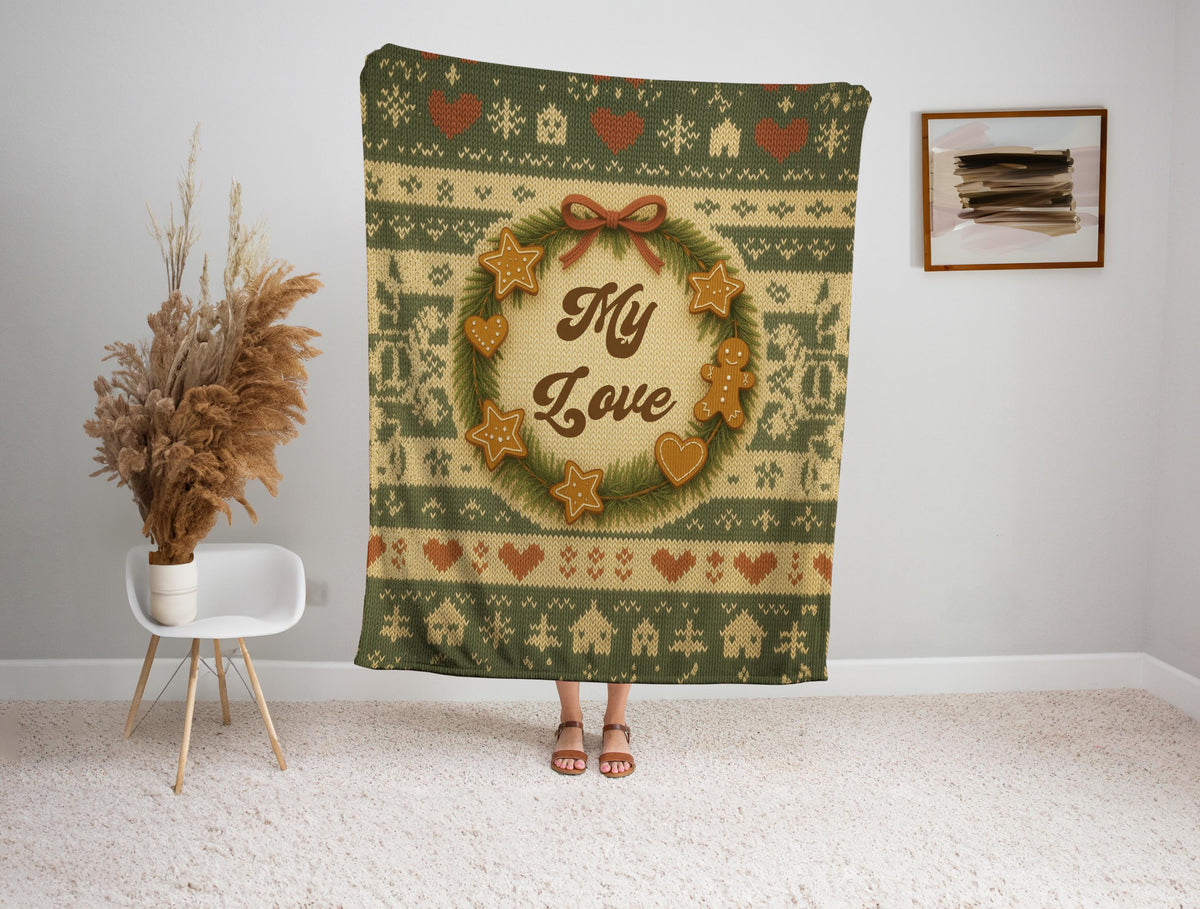 Personalized Christmas Blanket, Gingerbread Wreath Knitted Print, Minky Sherpa