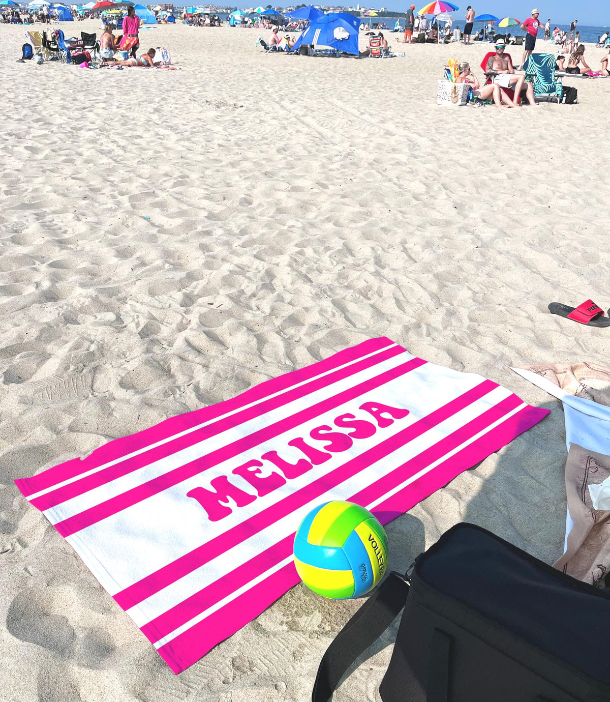 Custom Striped Beach Towel: Personalized 70s Retro Font Name Towel