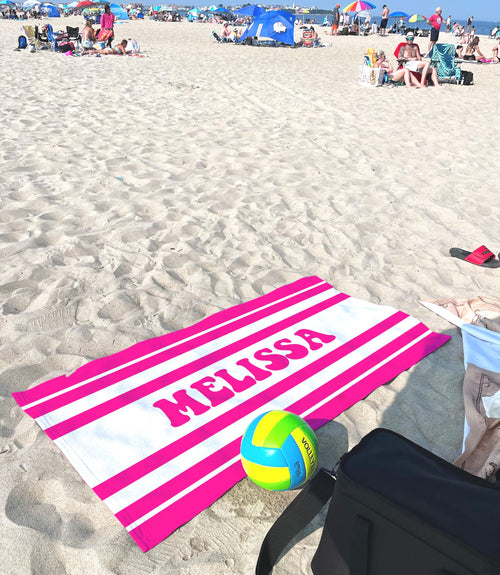 Custom Striped Beach Towel: Personalized 70s Retro Font Name Towel
