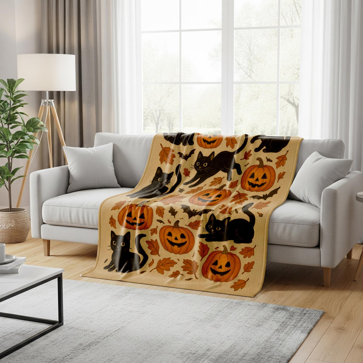 Halloween Blanket: Black Cat & Pumpkin Minky Sherpa Throw