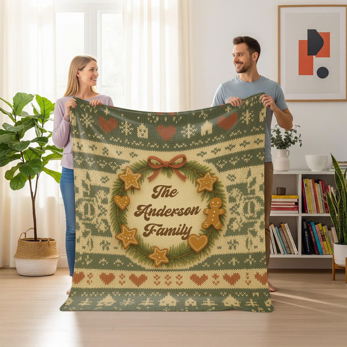 Personalized Christmas Blanket, Gingerbread Wreath Knitted Print, Minky Sherpa