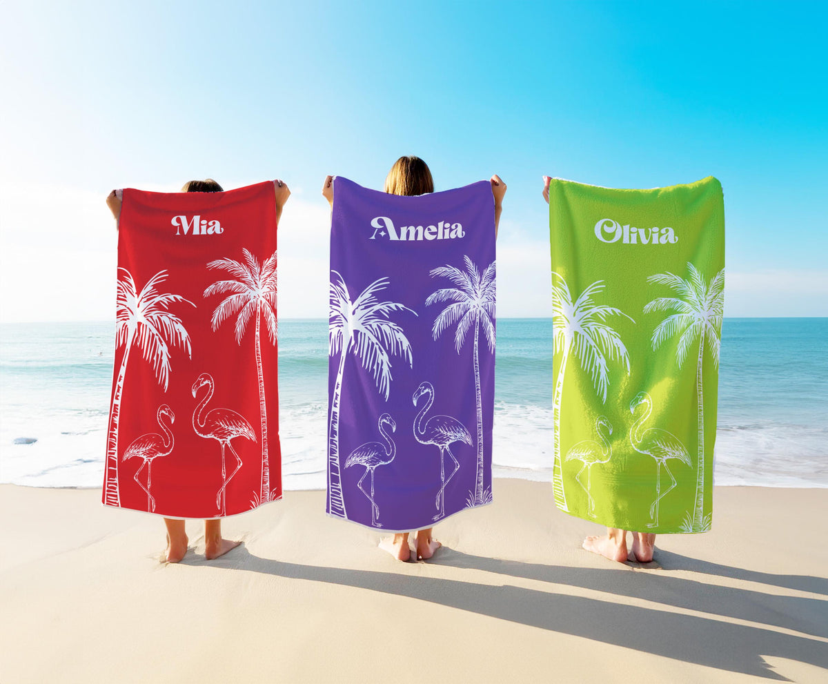 Personalized Flamingo Beach Towel: Custom Name Tropical Palm Design