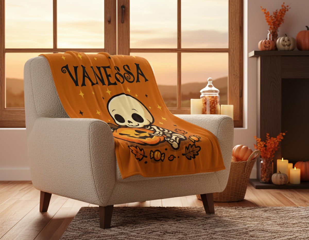 Personalized Halloween Blanket: Baby Skeleton & Pumpkin, Custom Name Kids Throw