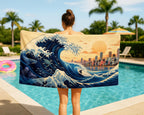Miami Wave Beach Towel, Tropical Skyline Coastal Summer Towel