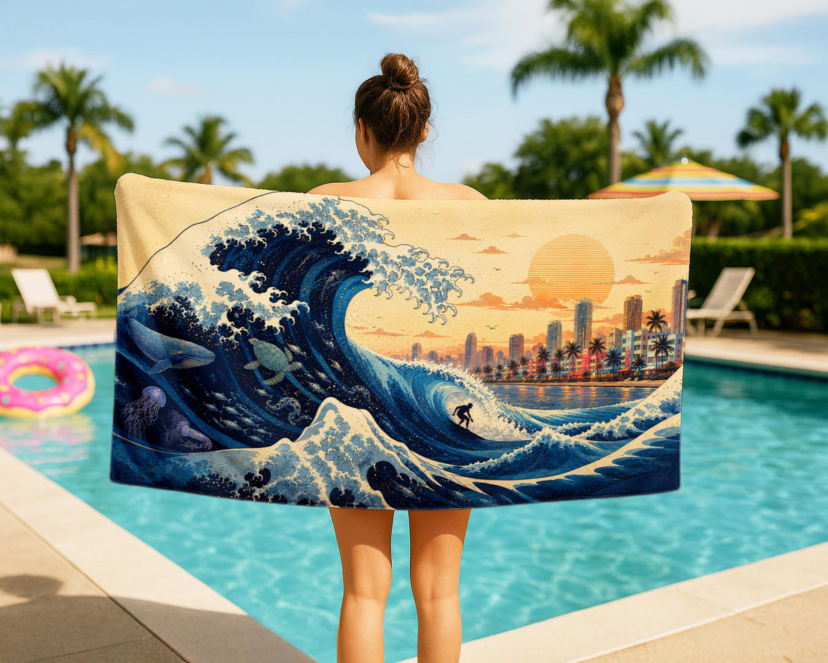 Miami Wave Beach Towel, Tropical Skyline Coastal Summer Towel