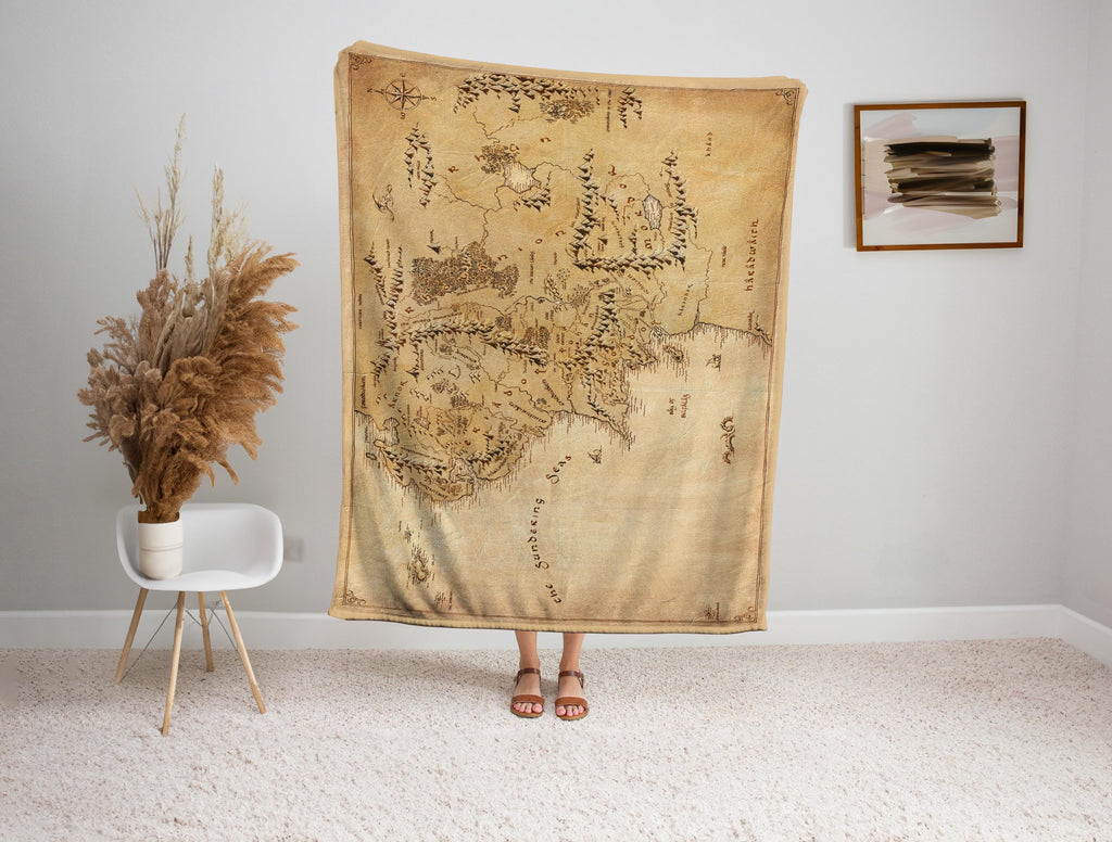 Fantasy World Map Blanket – Vintage Adventure Style Wall Art, Minky or Sherpa Cozy Blanket