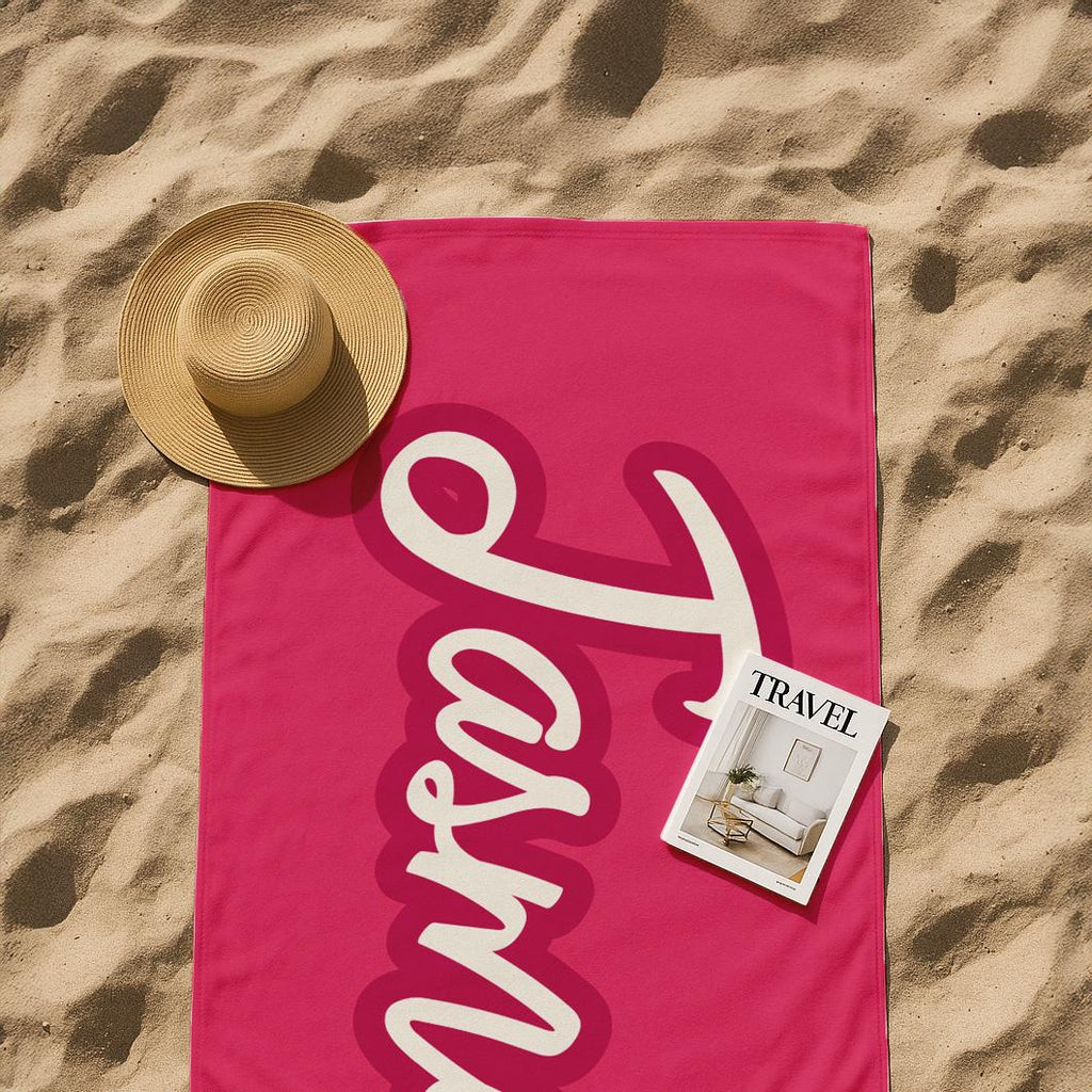 Personalized Pink Beach Towel: Custom Name, Soft Microfiber