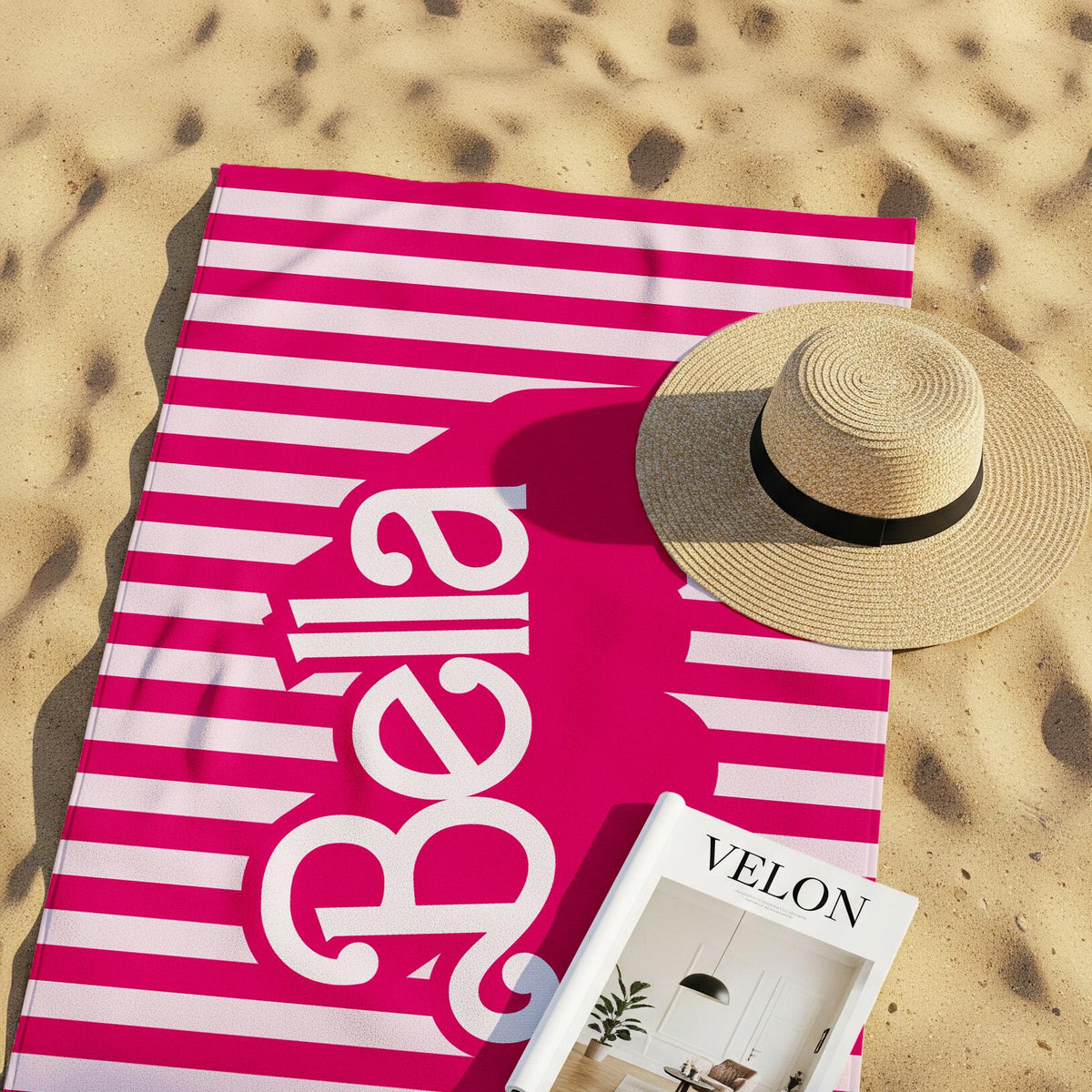 Personalized Pink Stripe Beach Towel: Retro Summer Party Fun