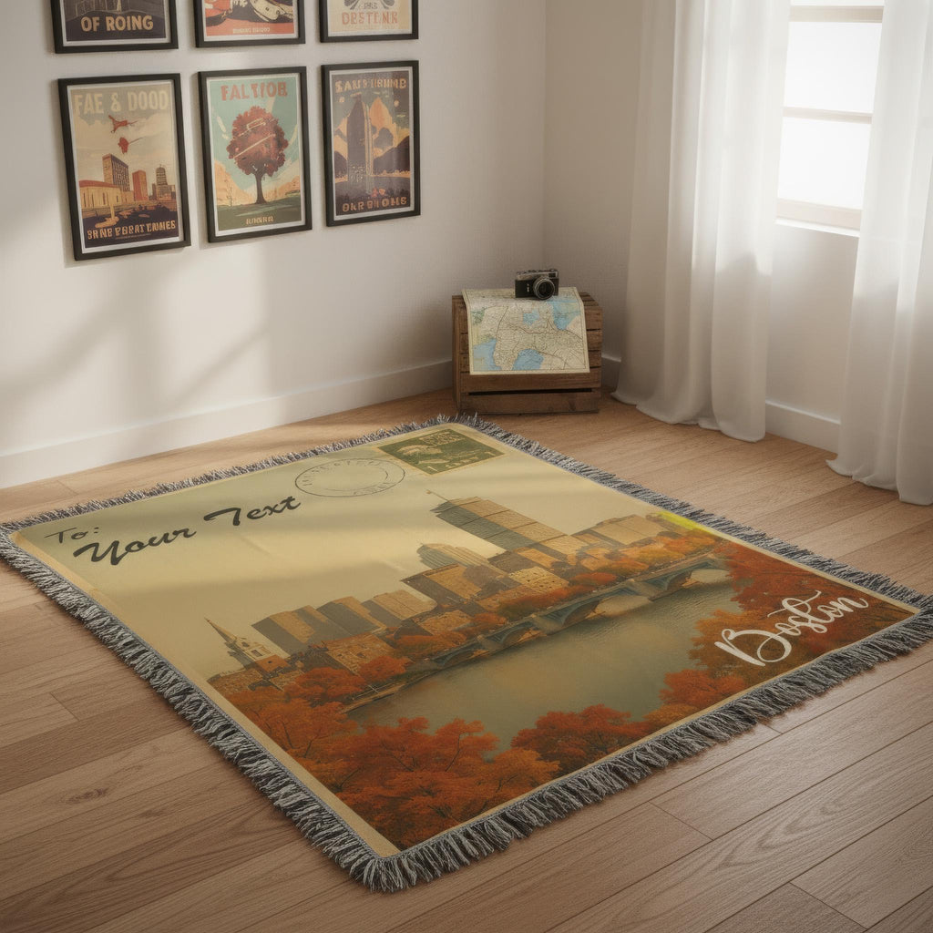 Personalized Boston Blanket – Vintage Postcard, Custom Minky Sherpa Throw