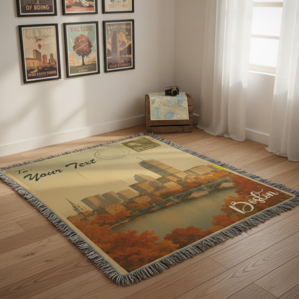 Personalized Boston Blanket – Vintage Postcard, Custom Minky Sherpa Throw