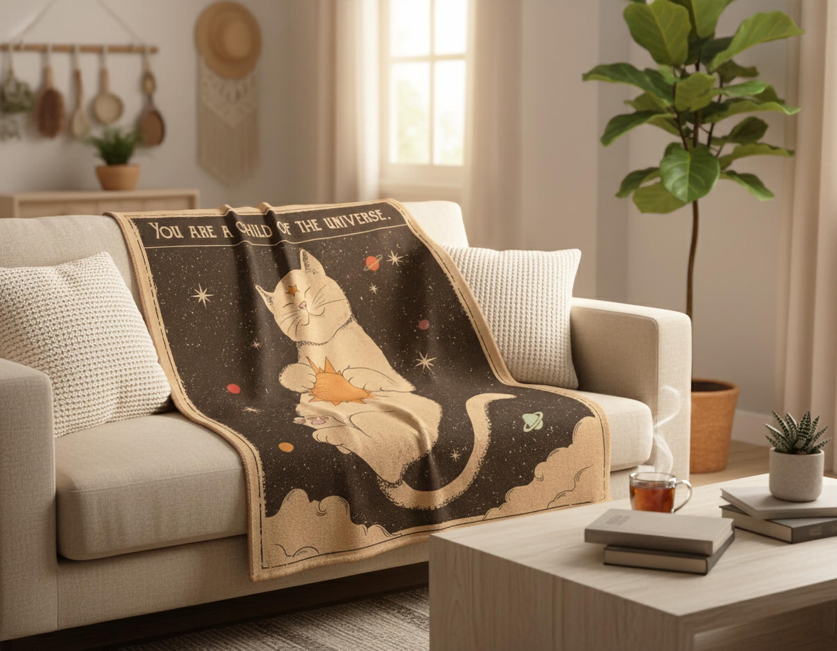 Cosmic Cat Blanket, Vintage Space Design, Minky or Sherpa Throw