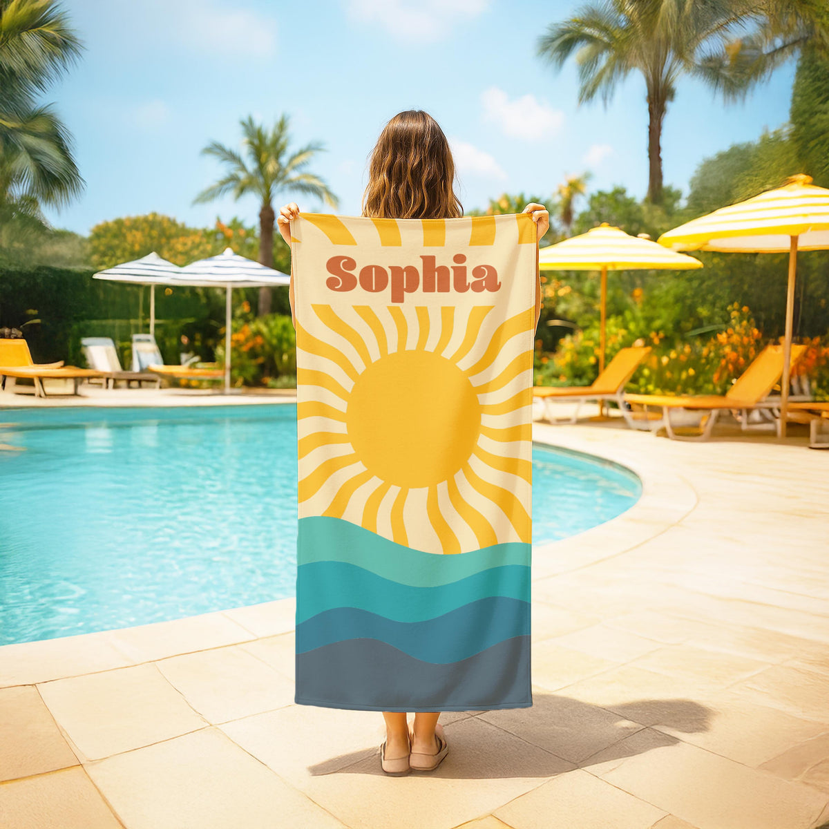 Personalized Beach Towel: Retro Sun & Waves, Custom Name