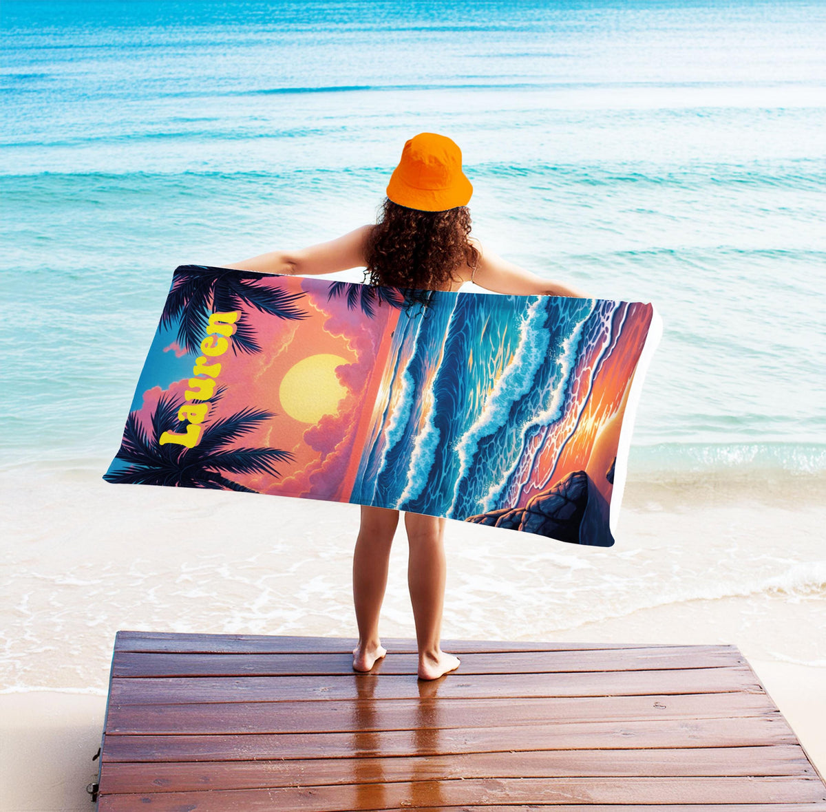 Personalized Beach Towel: Sunset Ocean Waves, Tropical Vacation Gift