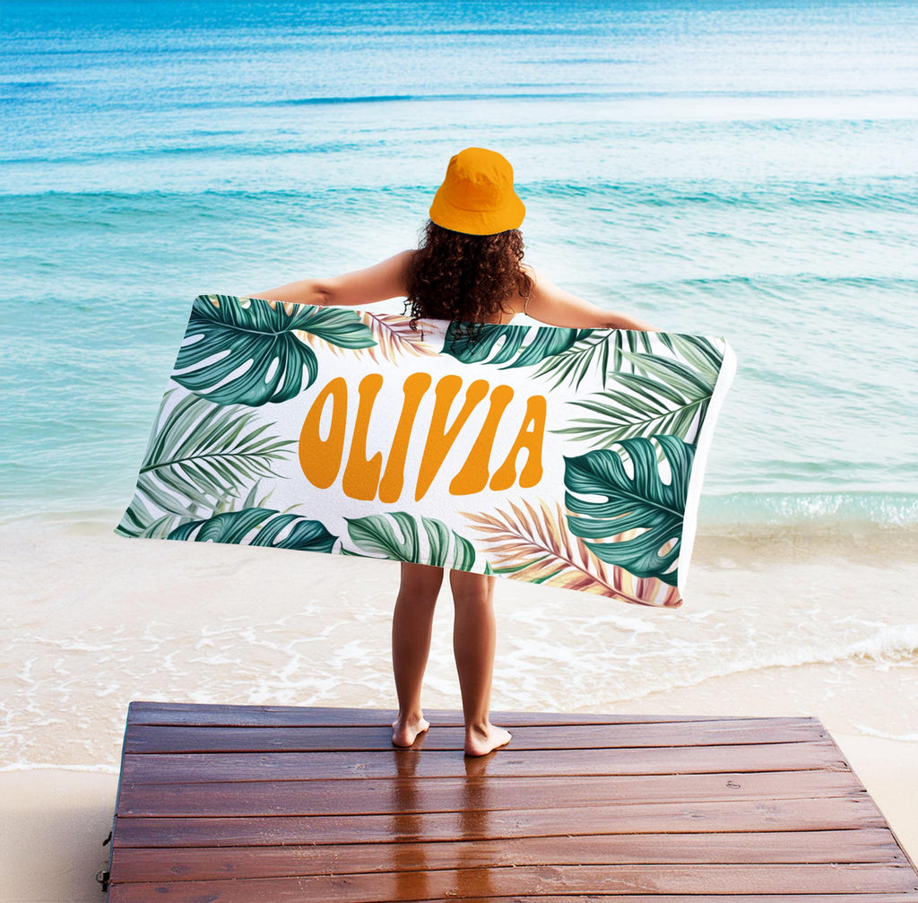 Personalized Tropical Palm Leaf Beach Towel: Custom Name Gift