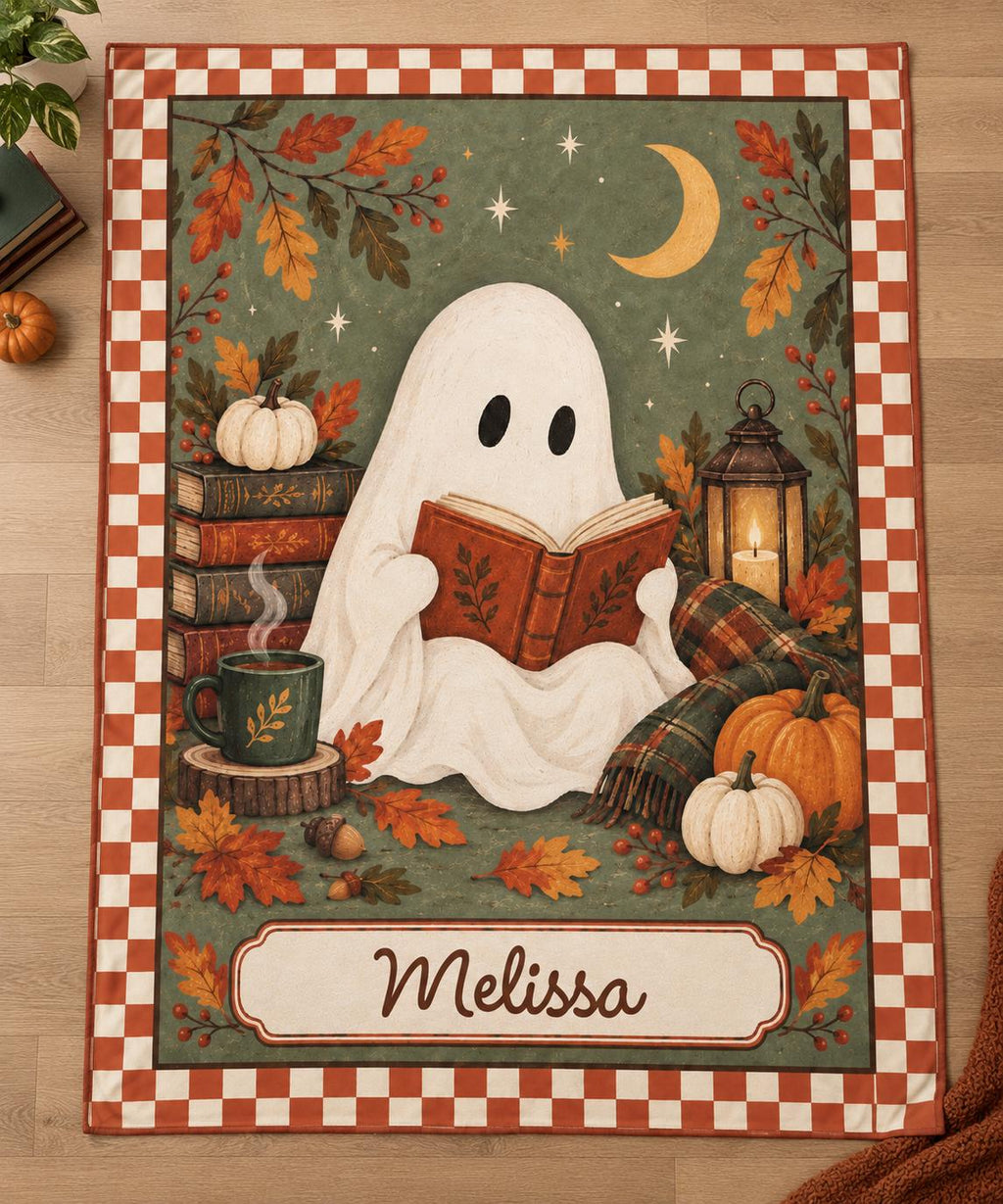 Personalized Halloween Blanket with Reading Ghost, Sage Green and Terracotta Border / Minky or Sherpa
