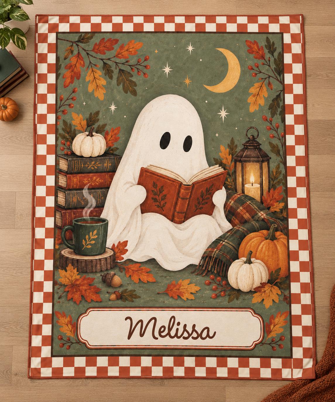 Personalized Halloween Blanket with Reading Ghost, Sage Green and Terracotta Border / Minky or Sherpa