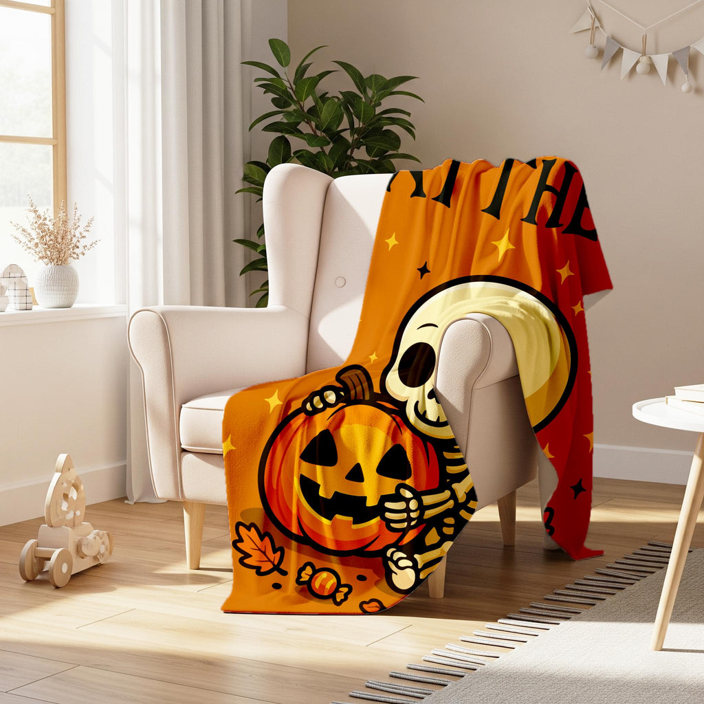 Personalized Halloween Blanket: Baby Skeleton & Pumpkin, Custom Name Kids Throw
