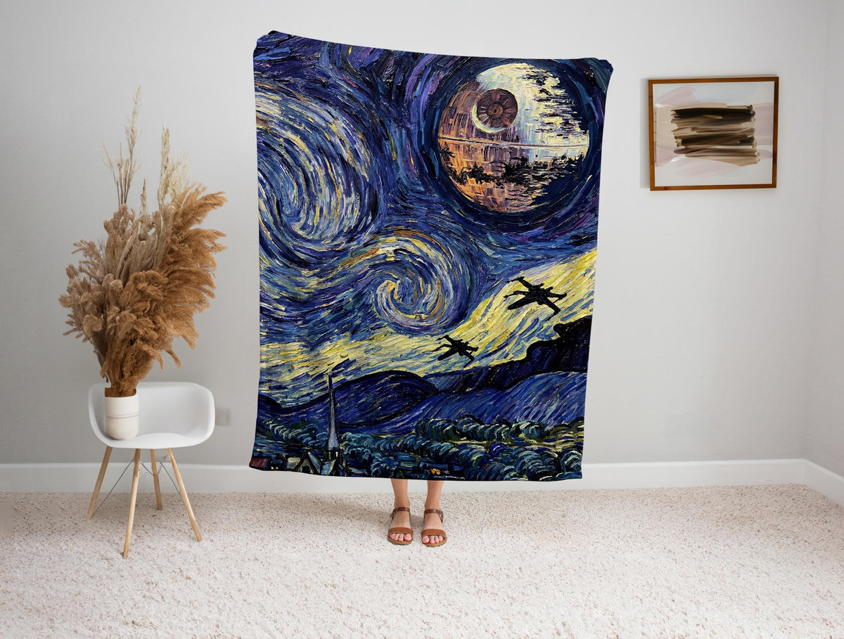 Cosmic Space Battle Blanket in Starry Night Style, Geek Fantasy Throw Sherpa / Minky