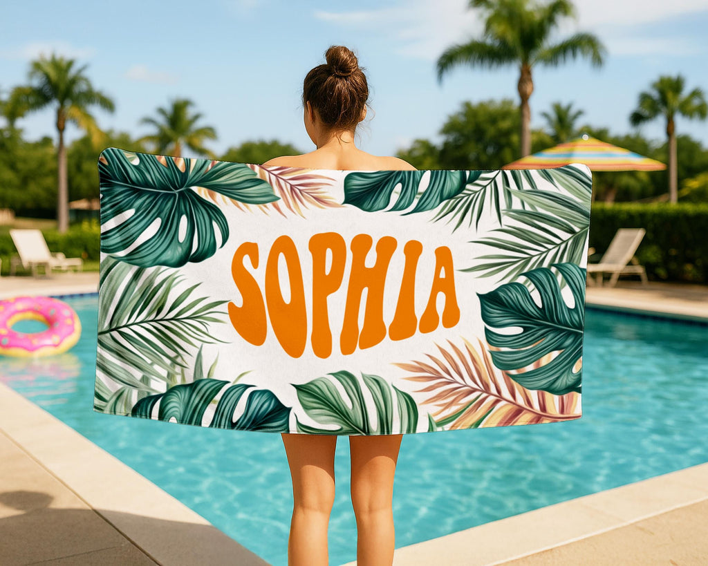 Personalized Tropical Palm Leaf Beach Towel: Custom Name Gift